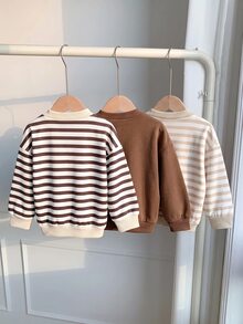 SHEIN 兒童 3件組 小男孩秋冬休閒條紋圓領運動衫套裝 嬰兒男孩冬季衣物 嬰兒冬季衣物 中性嬰兒服飾 - 彩色 - 查看 2