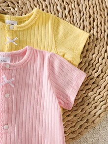 SHEIN 2pcs Newborn Baby Girl Romper Everyday Casual Pink Yellow Solid Color Ribbed Knit Bow Decor Short Sleeve Snap Button Regular Multi Purpose Summer Set - Multicolor - View 5