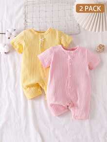 SHEIN 2pcs Newborn Baby Girl Romper Everyday Casual Pink Yellow Solid Color Ribbed Knit Bow Decor Short Sleeve Snap Button Regular Multi Purpose Summer Set - Multicolor - View 3