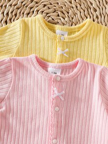 SHEIN 2pcs Newborn Baby Girl Romper Everyday Casual Pink Yellow Solid Color Ribbed Knit Bow Decor Short Sleeve Snap Button Regular Multi Purpose Summer Set - Multicolor - View 7