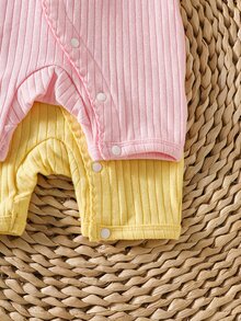SHEIN 2pcs Newborn Baby Girl Romper Everyday Casual Pink Yellow Solid Color Ribbed Knit Bow Decor Short Sleeve Snap Button Regular Multi Purpose Summer Set - Multicolor - View 6