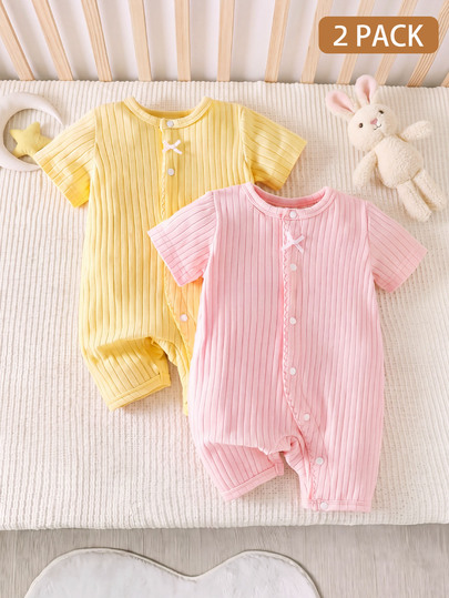 SHEIN 2 szt. romper dla noworodka dla dziewczynki, codzienny casualowy, różowy i żółty, gładki, prążkowana dzianina, z kokardką, krótki rękaw, na zatrzaski, regularny, wielofunkcyjny zestaw letni