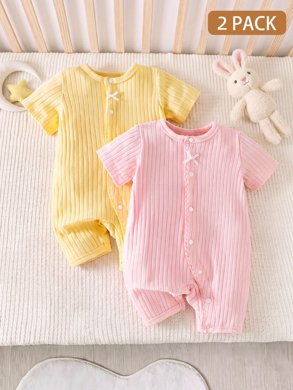 SHEIN 2pcs Newborn Baby Girl Romper Everyday Casual Pink Yellow Solid Color Ribbed Knit Bow Decor Short Sleeve Snap Button Regular Multi Purpose Summer Set