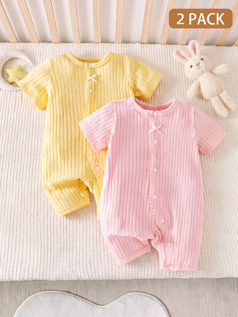 SHEIN 2pcs Newborn Baby Girl Romper Everyday Casual Pink Yellow Solid Color Ribbed Knit Bow Decor Short Sleeve Snap Button Regular Multi Purpose Summer Set - Multicolor - View 1