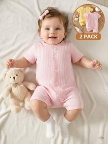 SHEIN 2pcs Newborn Baby Girl Romper Everyday Casual Pink Yellow Solid Color Ribbed Knit Bow Decor Short Sleeve Snap Button Regular Multi Purpose Summer Set - Multicolor - View 4