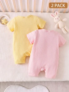 SHEIN 2pcs Newborn Baby Girl Romper Everyday Casual Pink Yellow Solid Color Ribbed Knit Bow Decor Short Sleeve Snap Button Regular Multi Purpose Summer Set - Multicolor - View 2