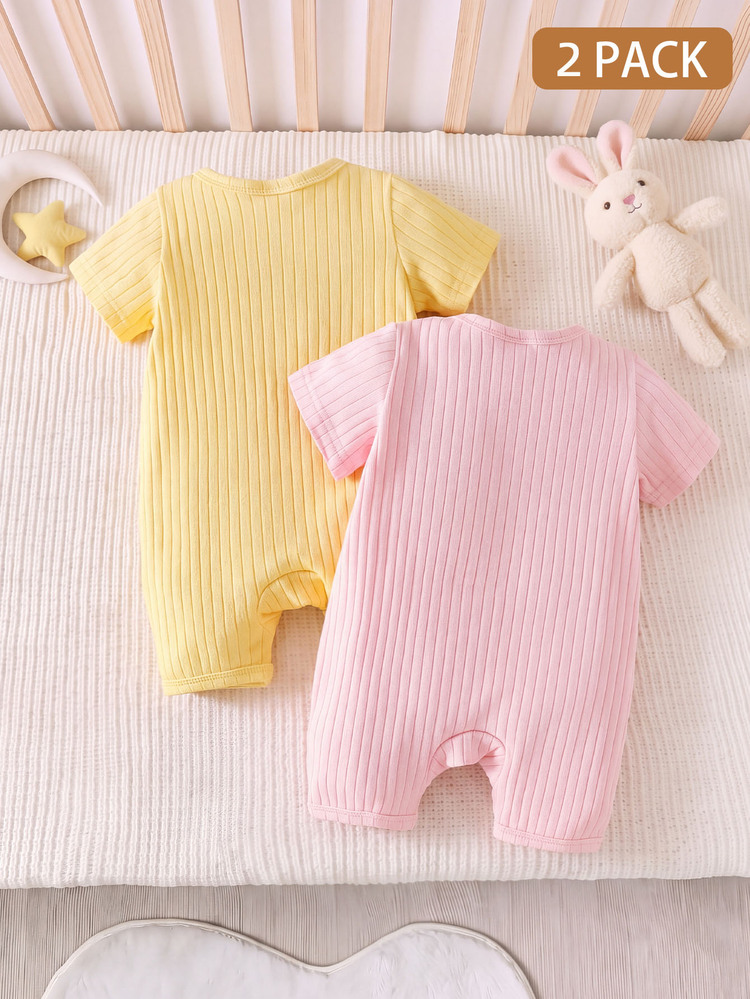 SHEIN 2pcs Newborn Baby Girl Romper Everyday Casual Pink Yellow Solid Color Ribbed Knit Bow Decor Short Sleeve Snap Button Regular Multi Purpose Summer Set - Multicolor - View 2