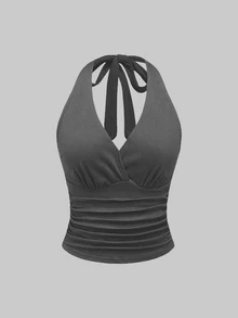 SHEIN Plus Size Women's Y2K Ruched Fitted Halter Top - Multicolor - View 3