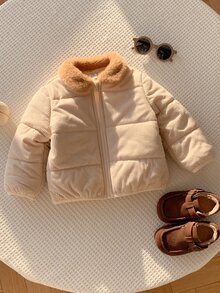 SHEIN Baby Boy Baby Girl Cute Autumn/Winter Casual Versatile Thermal Lined Hooded Padded Coat, Thickened Coat, Infant Outerwear, Ski Jacket, Apricot Color - Multicolor - View 4