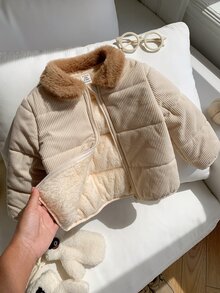 SHEIN Baby Boy Baby Girl Cute Autumn/Winter Casual Versatile Thermal Lined Hooded Padded Coat, Thickened Coat, Infant Outerwear, Ski Jacket, Apricot Color - Multicolor - View 6