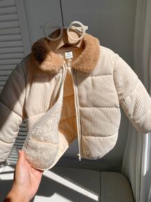 SHEIN Baby Boy Baby Girl Cute Autumn/Winter Casual Versatile Thermal Lined Hooded Padded Coat, Thickened Coat, Infant Outerwear, Ski Jacket, Apricot Color - Multicolor - View 2