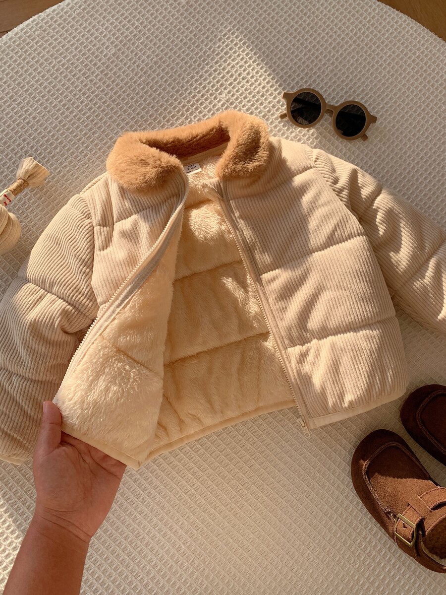 SHEIN Baby Boy Baby Girl Cute Autumn/Winter Casual Versatile Thermal Lined Hooded Padded Coat, Thickened Coat, Infant Outerwear, Ski Jacket, Apricot Color - Multicolor - View 1