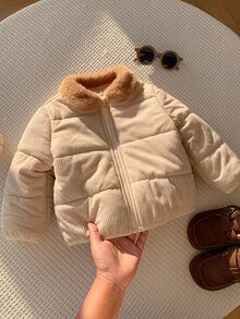 SHEIN Baby Boy Baby Girl Cute Autumn/Winter Casual Versatile Thermal Lined Hooded Padded Coat, Thickened Coat, Infant Outerwear, Ski Jacket, Apricot Color - Multicolor - View 7