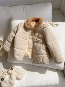 SHEIN Baby Boy Baby Girl Cute Autumn/Winter Casual Versatile Thermal Lined Hooded Padded Coat, Thickened Coat, Infant Outerwear, Ski Jacket, Apricot Color - Multicolor - View 8