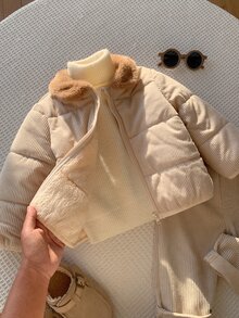 SHEIN Baby Boy Baby Girl Cute Autumn/Winter Casual Versatile Thermal Lined Hooded Padded Coat, Thickened Coat, Infant Outerwear, Ski Jacket, Apricot Color - Multicolor - View 5