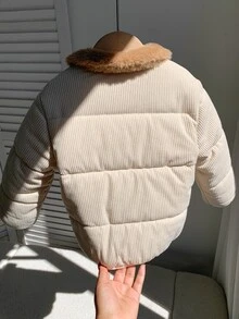 SHEIN Baby Boy Baby Girl Cute Autumn/Winter Casual Versatile Thermal Lined Hooded Padded Coat, Thickened Coat, Infant Outerwear, Ski Jacket, Apricot Color - Multicolor - View 3