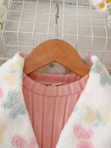 SHEIN 小女孩蝴蝶圖案腰結背心外套長袖T恤與長褲休閒套裝，秋季穿搭，母女套裝 7 歲生日 白色 - 粉色 - 查看 4