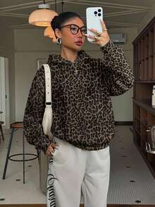 Muchica Plus Size Women's Leopard Print Hooded Fashion Versatile Sweatshirt Winter - Multicolor - View 5