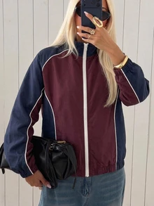 SHEIN EZwear 女款街頭風拉鍊薄夾克，拼色設計，秋季 Y2K 復古開學日常外穿，2000年代杏色風格 - 彩色 - 查看 9