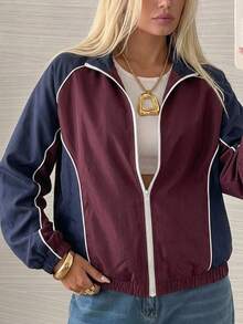 SHEIN EZwear 女款街頭風拉鍊薄夾克，拼色設計，秋季 Y2K 復古開學日常外穿，2000年代杏色風格 - 彩色 - 查看 7