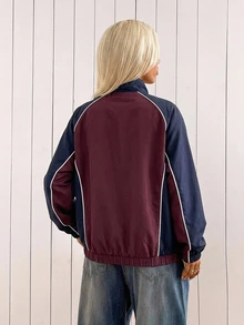 SHEIN EZwear 女款街頭風拉鍊薄夾克，拼色設計，秋季 Y2K 復古開學日常外穿，2000年代杏色風格 - 彩色 - 查看 4