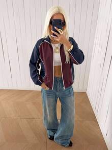 SHEIN EZwear 女款街頭風拉鍊薄夾克，拼色設計，秋季 Y2K 復古開學日常外穿，2000年代杏色風格 - 彩色 - 查看 5