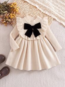 Gaun Bayi Perempuan Lengan Panjang Musim Gugur/Musim Dingin dengan Pita Besar dan Hiasan Rumbai - Khaki - View 4