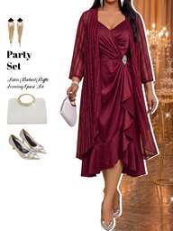 Fleurora Conjunto elegante de 2 peças para mulher plus size com robe exterior em malha e vestido patchwork com alças e folhos