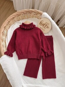 SHEIN Baby Girl Autumn/Winter Casual Solid Color High Neck Sweater & Knitted Pants Set Fall Clothes And Christmas Clothes - Burgundy - View 2