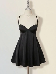 SHEIN ICON 纯色极简性感交叉露背A字迷你连衣裙 - 黑色 - 查看 9