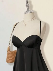 SHEIN ICON 纯色极简性感交叉露背A字迷你连衣裙 - 黑色 - 查看 5