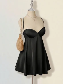 SHEIN ICON 纯色极简性感交叉露背A字迷你连衣裙 - 黑色 - 查看 6