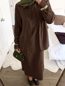 Solavon Women's Casual Versatile Solid Color Shirt & Dress 2 Pieces Set - Coffee Brown - View 1