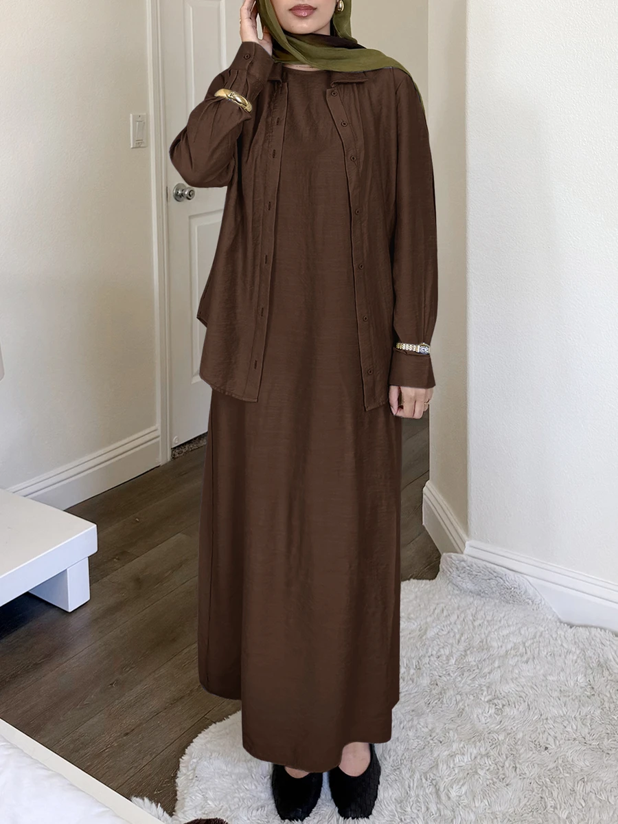 Solavon Women's Casual Versatile Solid Color Shirt & Dress 2 Pieces Set - Coffee Brown - View 1