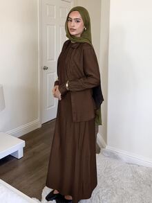 Solavon Women's Casual Versatile Solid Color Shirt & Dress 2 Pieces Set - Coffee Brown - View 3