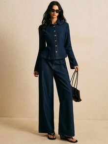 SHEIN BAE 女款長袖單排扣襯衫與長褲休閒牛仔套裝，演唱會穿搭，秋季早午餐，海軍藍 - 中等水洗藍 - 查看 3