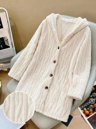 SHEIN Jaket Panjang Anak Perempuan Remaja, Berbulu Halus, Jacquard Dua Sisi, Berkerudung, Lengan Panjang, Musim Gugur/Musim Dingin, Halloween, Liburan/Vintage/Natal