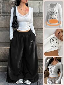 Coolane 女款秋季休閒外出極簡基礎日常穿搭必備 刷毛V領撞色蕾絲胸衣白色T恤 刷毛T恤 - 白色 - 查看 4