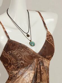SHEIN ICON 女士碎花荷叶边吊带背心，时尚度假之选 - 棕色 - 查看 9