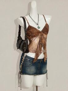 SHEIN ICON 女士碎花荷叶边吊带背心，时尚度假之选 - 棕色 - 查看 6
