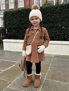 SHEIN 2件組幼女公主風洋裝外套套裝，可愛公主風、鐵鏽白配色、羅紋花卉鈕扣、長袖圓領、加厚、A字版型，適合生日派對、秋季、聖誕節 - 彩色 - 查看 5