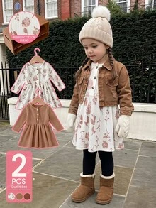 SHEIN 2件組幼女公主風洋裝外套套裝，可愛公主風、鐵鏽白配色、羅紋花卉鈕扣、長袖圓領、加厚、A字版型，適合生日派對、秋季、聖誕節 - 彩色 - 查看 3