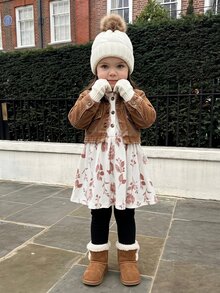 SHEIN 2件組幼女公主風洋裝外套套裝，可愛公主風、鐵鏽白配色、羅紋花卉鈕扣、長袖圓領、加厚、A字版型，適合生日派對、秋季、聖誕節 - 彩色 - 查看 4