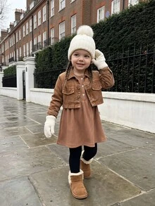 SHEIN 2件組幼女公主風洋裝外套套裝，可愛公主風、鐵鏽白配色、羅紋花卉鈕扣、長袖圓領、加厚、A字版型，適合生日派對、秋季、聖誕節 - 彩色 - 查看 6