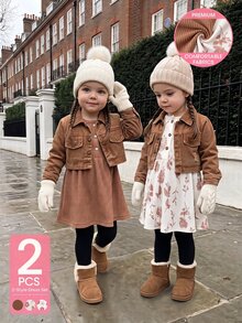 SHEIN 2件組幼女公主風洋裝外套套裝，可愛公主風、鐵鏽白配色、羅紋花卉鈕扣、長袖圓領、加厚、A字版型，適合生日派對、秋季、聖誕節 - 彩色 - 查看 1