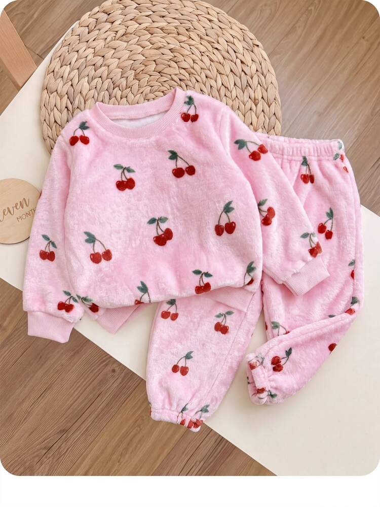 SHEIN Baby Girl Winter Cherry Print Sweatshirt And Sweatpants Set - Pink - View 1