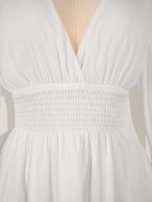 SHEIN ICON Women's Solid Color Flared Sleeve Cinched Waist Mini Dress,White Dresses For Women - White - View 4