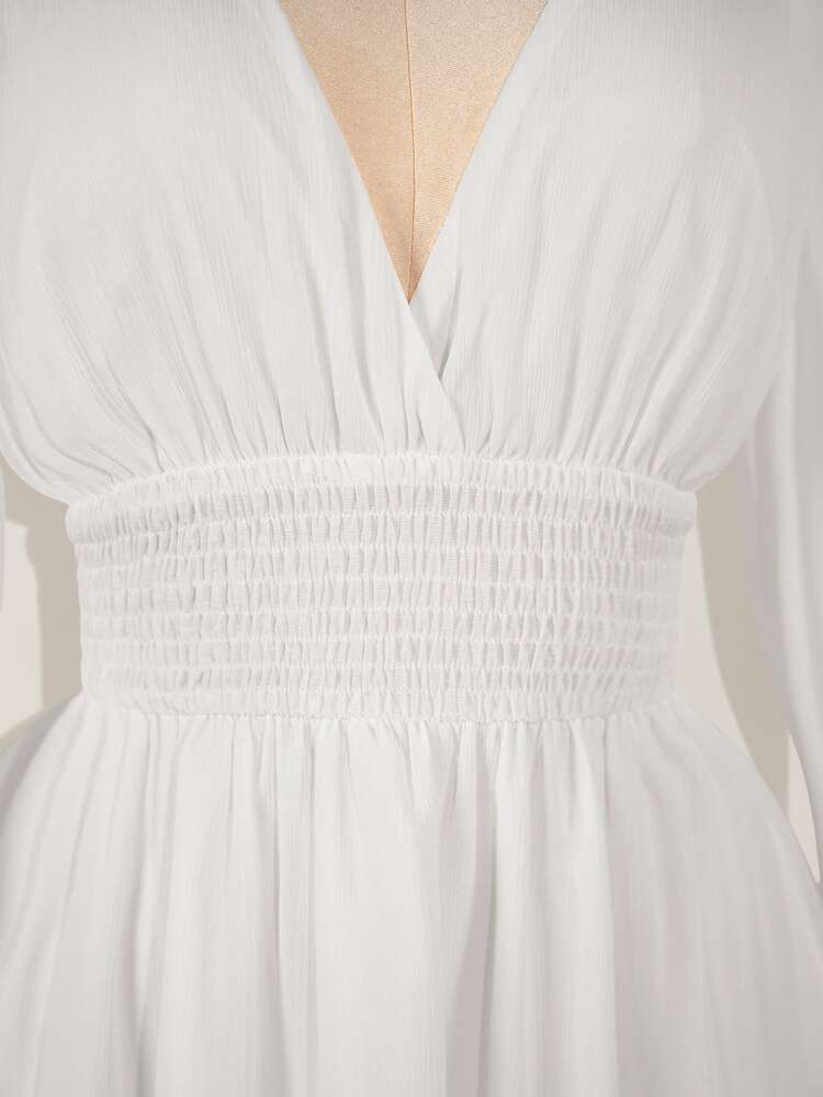 SHEIN ICON Women's Solid Color Flared Sleeve Cinched Waist Mini Dress,White Dresses For Women - White - View 4