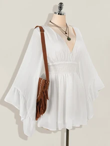 SHEIN ICON Women's Solid Color Flared Sleeve Cinched Waist Mini Dress,White Dresses For Women - White - View 7