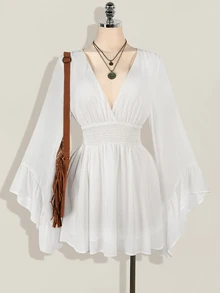 SHEIN ICON Women's Solid Color Flared Sleeve Cinched Waist Mini Dress,White Dresses For Women - White - View 3